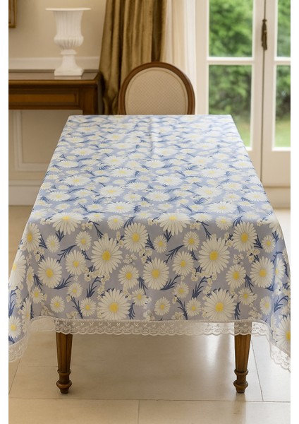 Açık Mavi Papatyalı Masa Örtüsü Su Geçirmez, Silinebilir Şık Dikdörtgen Model