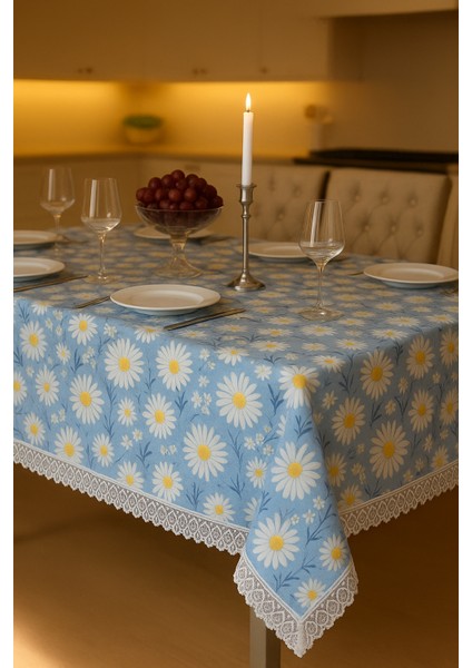 Açık Mavi Papatyalı Masa Örtüsü Su Geçirmez, Silinebilir Şık Dikdörtgen Model fiyatları