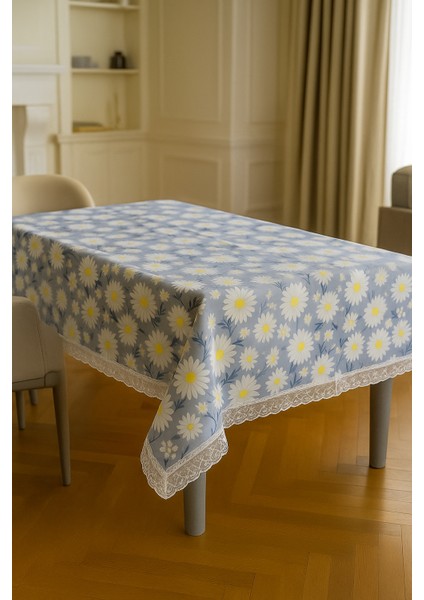 Açık Mavi Papatyalı Masa Örtüsü Su Geçirmez, Silinebilir Şık Dikdörtgen Model fırsatları