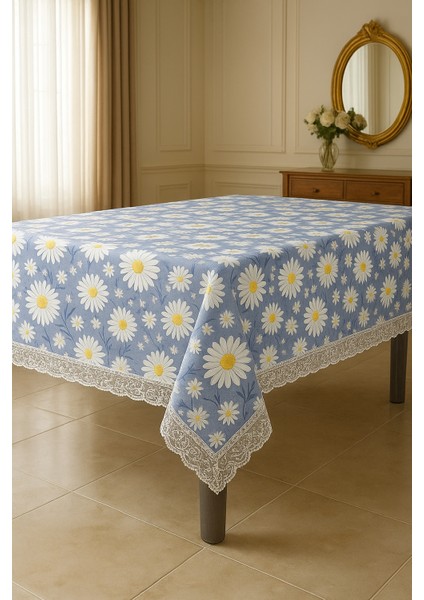 Açık Mavi Papatyalı Masa Örtüsü Su Geçirmez, Silinebilir Şık Dikdörtgen Model indirimleri