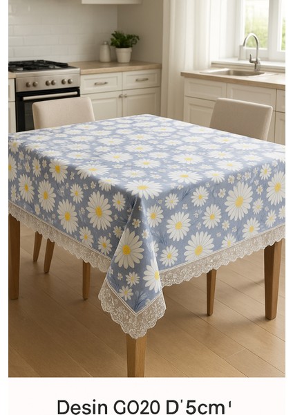 Açık Mavi Papatyalı Masa Örtüsü Su Geçirmez, Silinebilir Şık Dikdörtgen Model