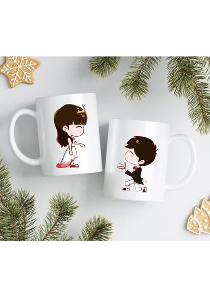 Evlilik Teklifi Temalı Sevgili Kupası | Romantik Çift Kupa Seti | Karikatürlü Hediye Bardak