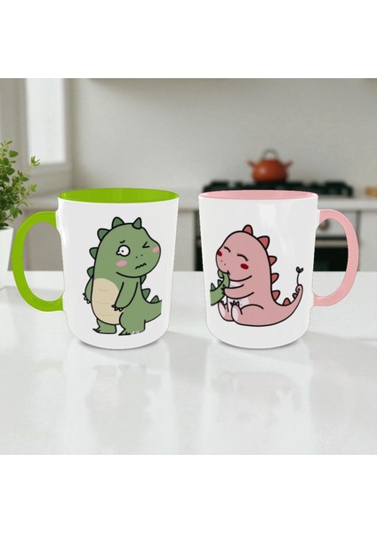 Dinozor Temalı Sevgili Kupası | Sevimli Karikatür Ikili Kupa | Romantik Hediyelik Bardak Seti