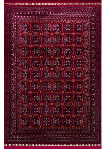 Sateen Afghan SFG03 Red Afgan Desenlerine Sahip Hav Vermez Yıkanabilir Kaymaz Tabanlı Makine Halısı