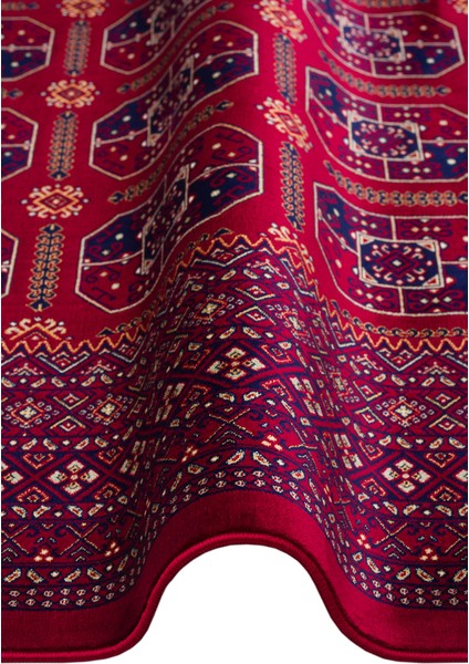 Sateen Afghan SFG03 Red Afgan Desenlerine Sahip Hav Vermez Yıkanabilir Kaymaz Tabanlı Makine Halısı