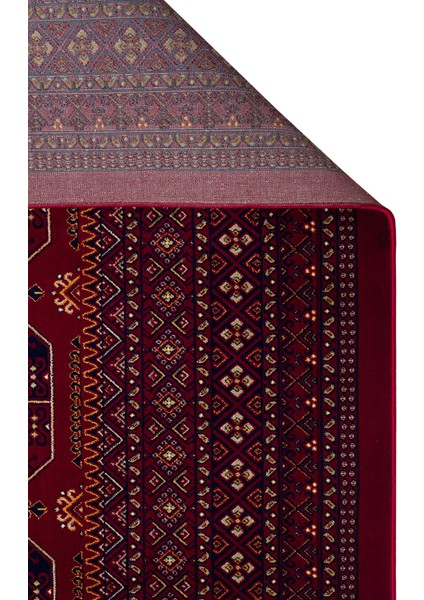 Sateen Afghan SFG03 Red Afgan Desenlerine Sahip Hav Vermez Yıkanabilir Kaymaz Tabanlı Makine Halısı