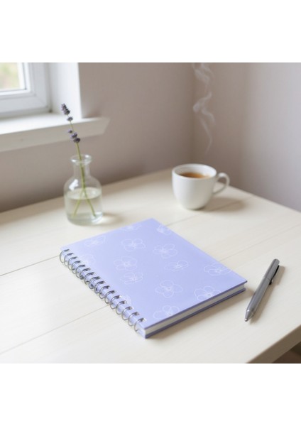 Isim Yazılabilir A5 Kareli Spiralli Defter | El Yapımı, 96 Yaprak, Ivory Kâğıt - Eflatun Çiçekli