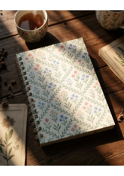 Isim Yazılabilir A5 Çizgili Spiralli Defter | El Yapımı, 96 Yaprak, Ivory Kâğıt - Minik Çiçekler
