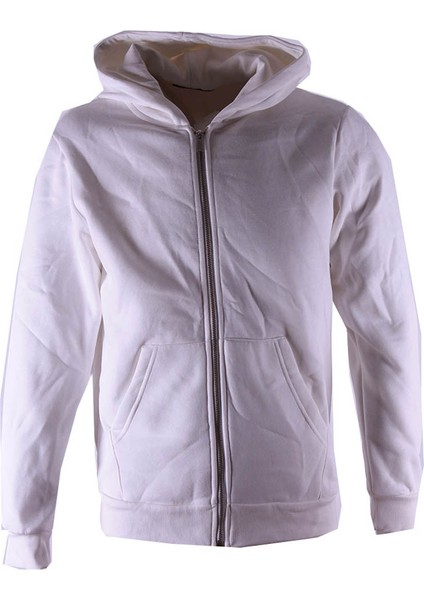 Kapüşonlu Tam Fermuarlı 3 Iplik Ekru Erkek Sweatshirt 5466-1