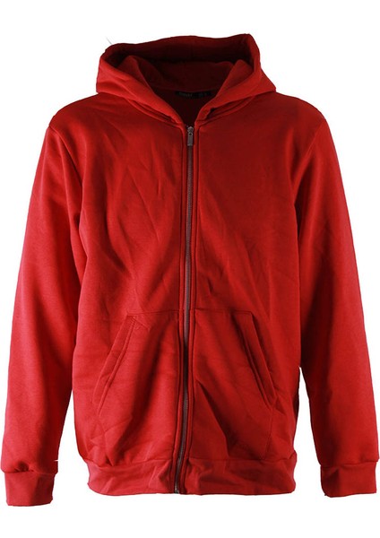 Kapüşonlu Tam Fermuarlı 3 Iplik Kırmızı Erkek Sweatshirt 5466-1