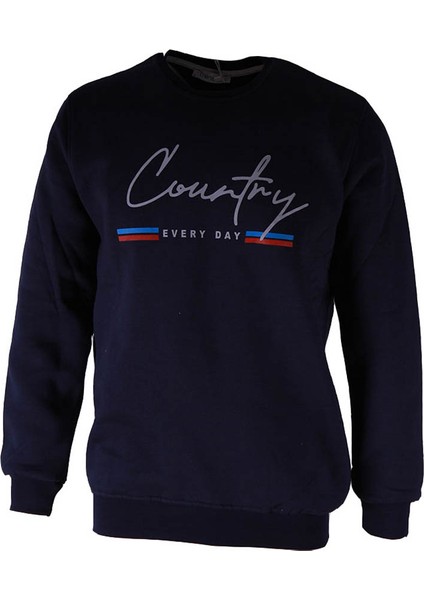 0 Yaka 3 Ip Indigo Erkek Sweatshirt Country Baskı