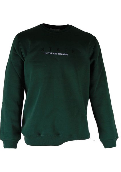 0 Yaka 3 Ip Yeşil Erkek Sweatshirt State Baskı