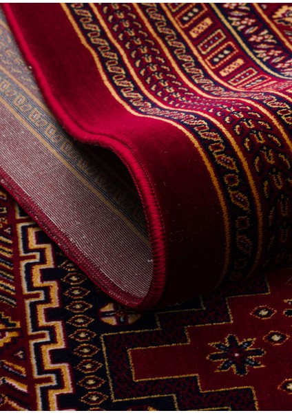 Sateen Afghan SFG01 Red Afgan Desenlerine Sahip Hav Vermez Yıkanabilir Kaymaz Tabanlı Makine Halısı