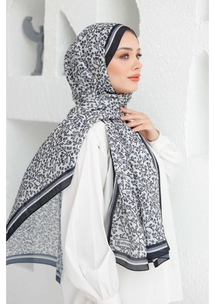 Siyah Siyane Scarf Kiraz Çiçeği Desen Vual Şal