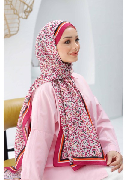 Fuşya Siyane Scarf Kiraz Çiçeği Desen Vual Şal