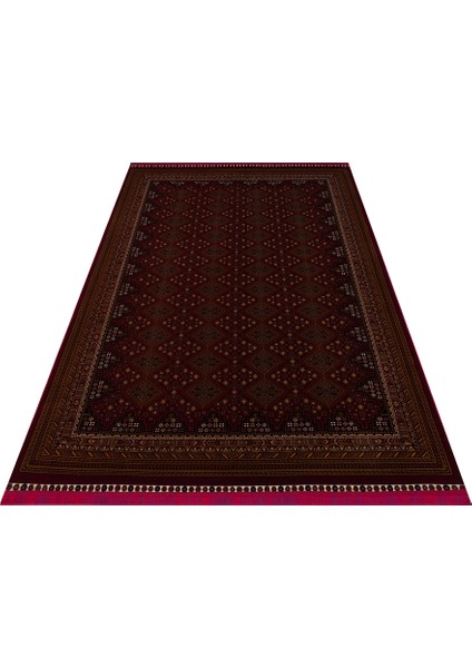 Sateen Afghan SFG01 Red Afgan Desenlerine Sahip Hav Vermez Yıkanabilir Kaymaz Tabanlı Makine Halısı