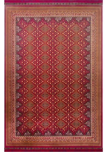 Sateen Afghan SFG01 Red Afgan Desenlerine Sahip Hav Vermez Yıkanabilir Kaymaz Tabanlı Makine Halısı