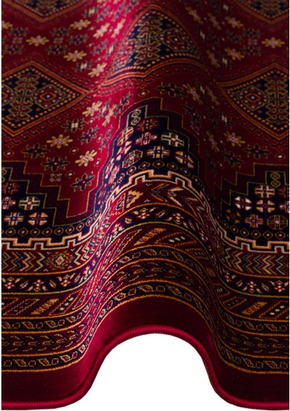 Sateen Afghan SFG01 Red Afgan Desenlerine Sahip Hav Vermez Yıkanabilir Kaymaz Tabanlı Makine Halısı
