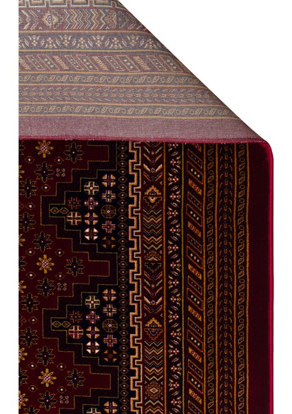 Sateen Afghan SFG01 Red Afgan Desenlerine Sahip Hav Vermez Yıkanabilir Kaymaz Tabanlı Makine Halısı
