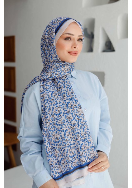 Açık Pudra Siyane Scarf Kiraz Çiçeği Desen Vual Şal