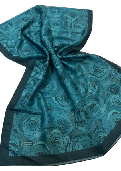 Petrol Siyane Scarf Naturel Gül Desenli Şal