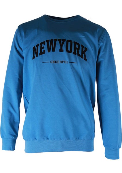 New York Baskı Mavi Erkek Sweatshirt 43236