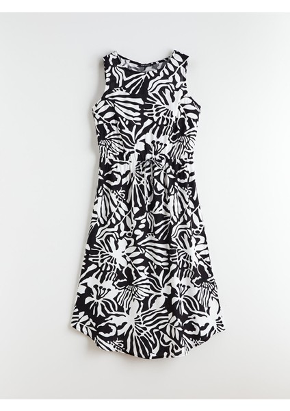 Yeni Sezon Bisiklet Yaka Desenli Belden Oturtmalı Elbise