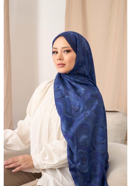 Lacivert Siyane Scarf Naturel Gül Desenli Şal