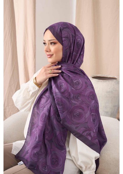 Koyu Mor Siyane Scarf Naturel Gül Desenli Şal