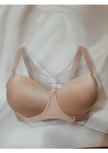 Pudra Renginde Saten Desteksiz Balenli Sütyen ve Saten Yanları ve Arkası Transparan Külot Takımı Büyük Beden