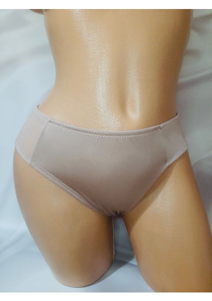 Pudra Renginde Saten Desteksiz Balenli Sütyen ve Saten Yanları ve Arkası Transparan Külot Takımı Büyük Beden modelleri