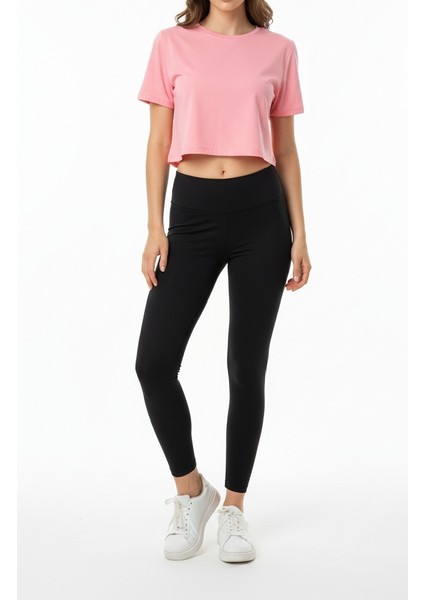 Kadın Bisiklet Yaka Basic Kısa Kol Crop Tişört