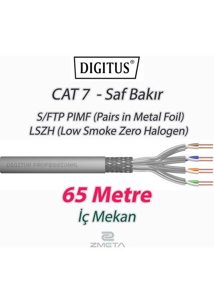 Cat7 - 65 Metre Saf Bakır S/ftp Pımf (Pairs In Metal Foil) Data Kablosu Gri