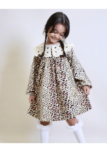 Kız Çocuk Yakalı Leopar Desenli Elbise