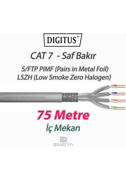 Cat7 - 75 Metre Saf Bakır S/ftp Pımf (Pairs In Metal Foil) Data Kablosu Gri