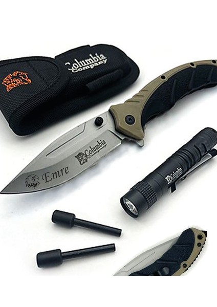 Kişiye Özel Isimli Columbia Kartal Baskılı Kamp Çakısı Fenerli Brv. FST-3070 21.5 cm
