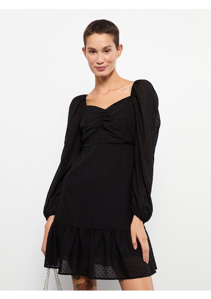 Yeni Sezon Kalp Yaka Kendinden Desenli Uzun Kollu Elbise indirimleri