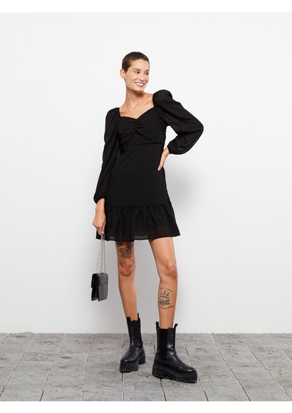 Yeni Sezon Kalp Yaka Kendinden Desenli Uzun Kollu Elbise fırsatları