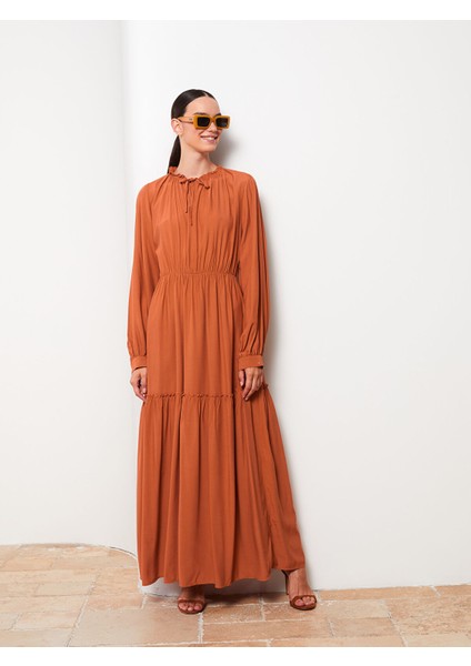 Yeni Sezon Bağlamalı Yaka Düz Uzun Kollu Viskon Elbise