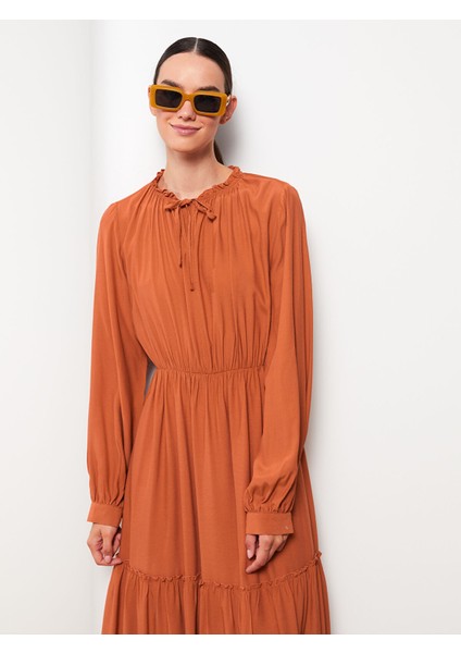 Yeni Sezon Bağlamalı Yaka Düz Uzun Kollu Viskon Elbise fiyatları