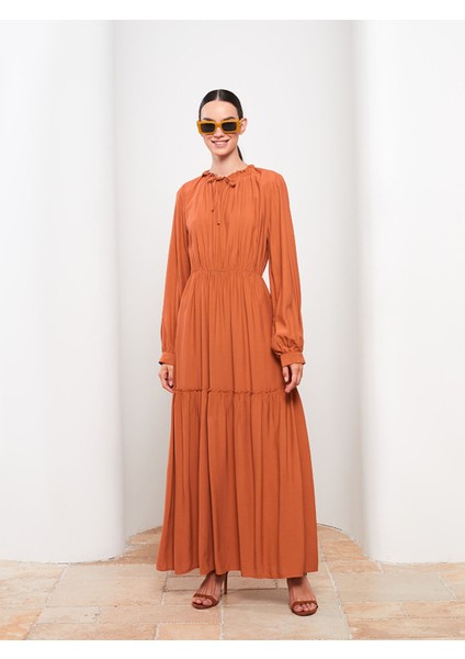 Yeni Sezon Bağlamalı Yaka Düz Uzun Kollu Viskon Elbise modelleri