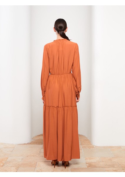 Yeni Sezon Bağlamalı Yaka Düz Uzun Kollu Viskon Elbise indirimleri