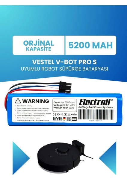 Vestel V-Bot Pro S Uyumlu Batarya (Standart Kapasite) 5200MAH Robot Süpürge Bataryası