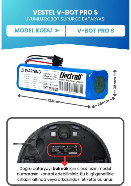 Vestel V-Bot Pro S Uyumlu Batarya (Standart Kapasite) 5200MAH Robot Süpürge Bataryası fiyatları