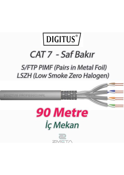 Cat7 - 90 Metre Saf Bakır S/ftp Pımf (Pairs In Metal Foil) Data İnternet Kablosu Gri
