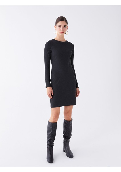 Yeni Sezon Bisiklet Yaka Düz Uzun Kollu Elbise