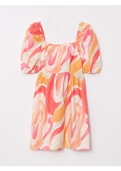 Yeni Sezon Kare Yaka Desenli Balon Kollu Poplin Elbise