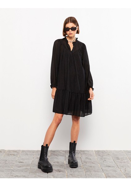 Yeni Sezon Dik Yaka Kendinden Desenli Uzun Kollu Saten Elbise