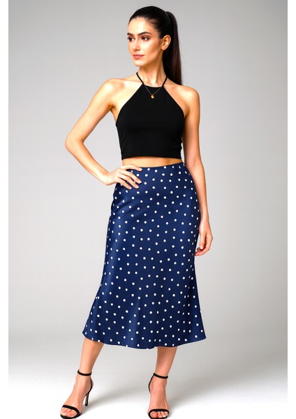 Lacivert Puantiyeli Midi Boy Şık Saten Etek