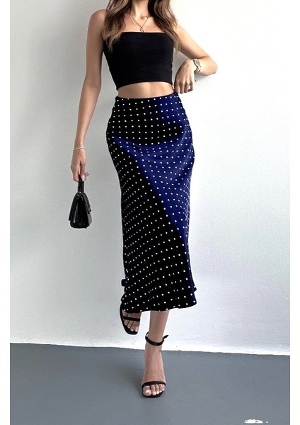 Lacivert Puantiyeli Midi Boy Şık Saten Etek fiyatları